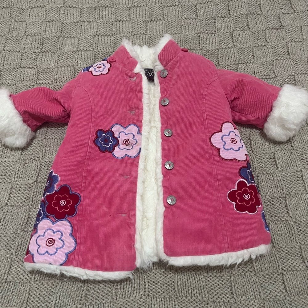 Children’s Place Pink Corduroy Coat Sherpa Lined Floral Embroidery 6-9 months